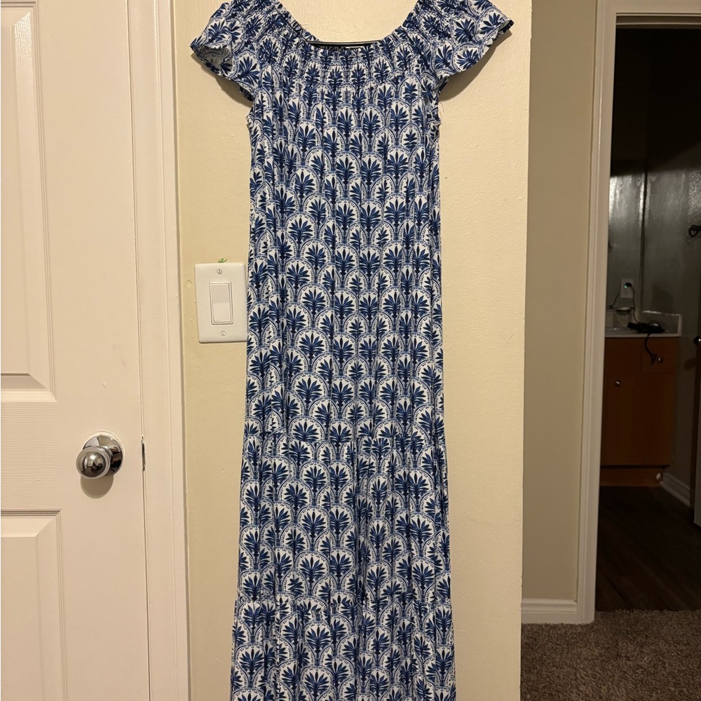 Tommy Bahama Blue and White Palm Maxi Dress